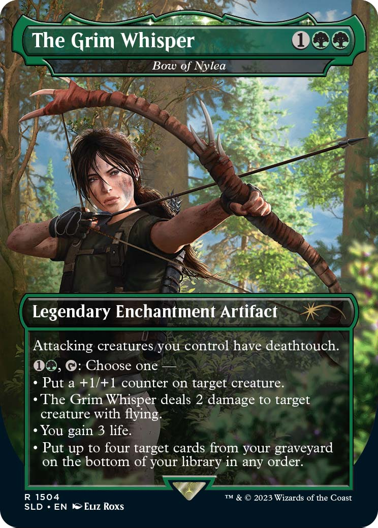 The Grim Whisper - Bow of Nylea (SLD-1504) - Secret Lair Drop / The Grim Whisper: (enchantment) (Borderless) Foil