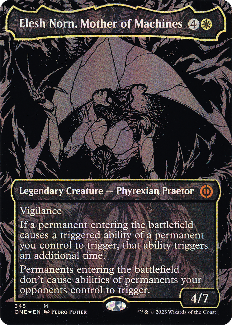 Elesh Norn, Mother of Machines (Oil Slick Raised Foil) (ONE-345) - Phyrexia: All Will Be One (Borderless) Foil