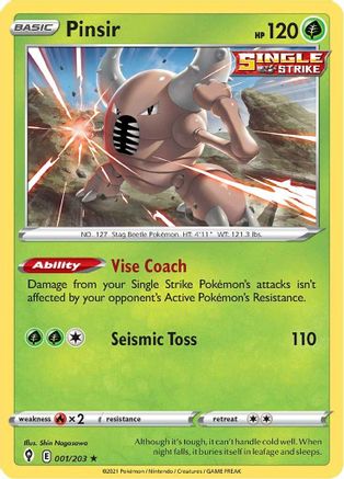 Pinsir 001 - Reverse Holofoil SWSH07 Evolving Skies - Rare