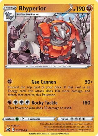 Rhyperior 091 - Reverse Holofoil SWSH11 Lost Origin - Rare