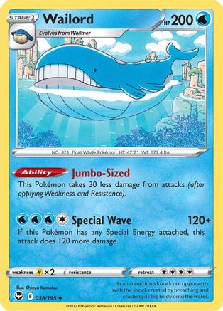 Wailord 038 - Reverse Holofoil SWSH12 Silver Tempest - Uncommon