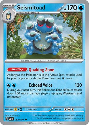 Seismitoad 052 - Reverse Holofoil SV03 Obsidian Flames - Uncommon