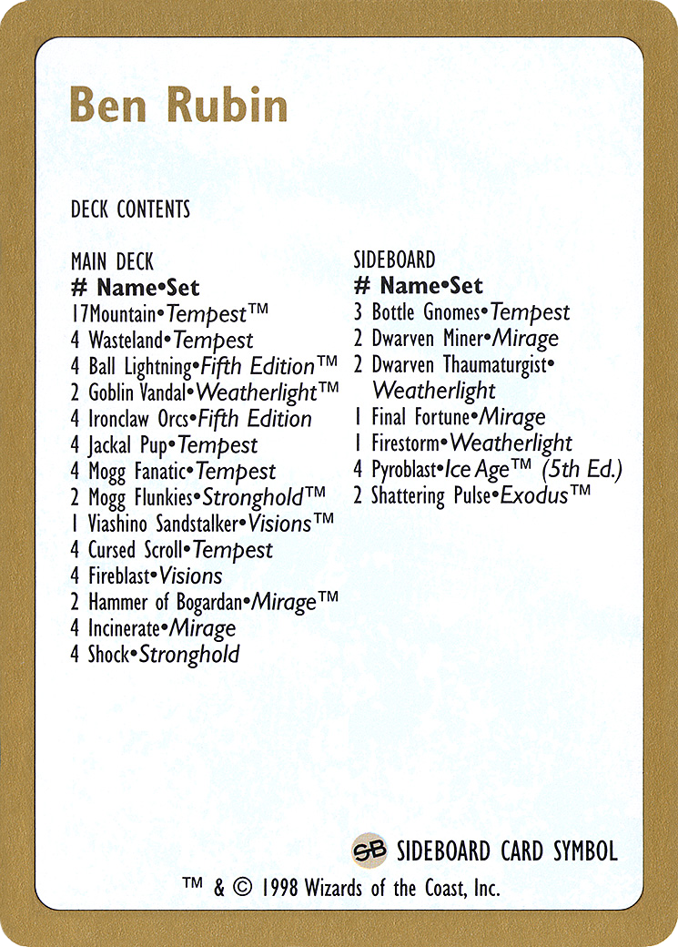1998 Ben Rubin Decklist Card (WCD-) - World Championship Decks 1998