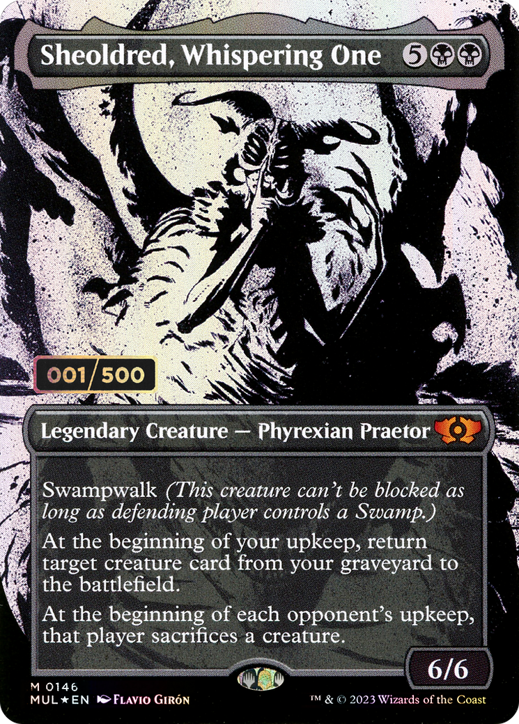 Sheoldred, Whispering One (Serial Numbered) (MUL-146) - Multiverse Legends: (Showcase) (Borderless) Foil