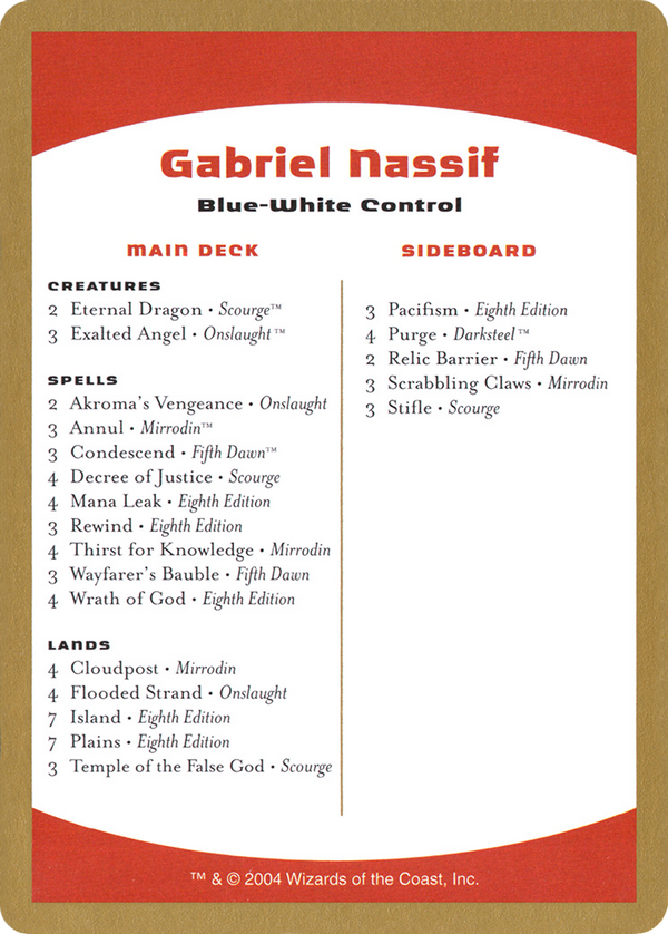2004 Gabriel Nassif Decklist Card (WCD-) - World Championship Decks 2004