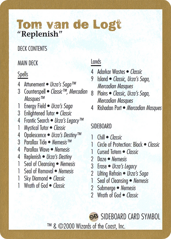 2000 Tom van de Logt Decklist Card (WCD-) - World Championship Decks 2000