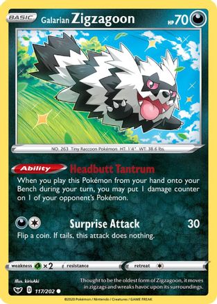 Galarian Zigzagoon 117  - Reverse Holofoil SWSH01 Sword & Shield Base Set - Common