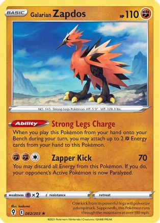 Galarian Zapdos 082  - Reverse Holofoil SWSH07 Evolving Skies - Holo Rare