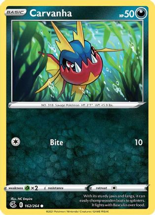 Carvanha 162  - Reverse Holofoil SWSH08 Fusion Strike - Common