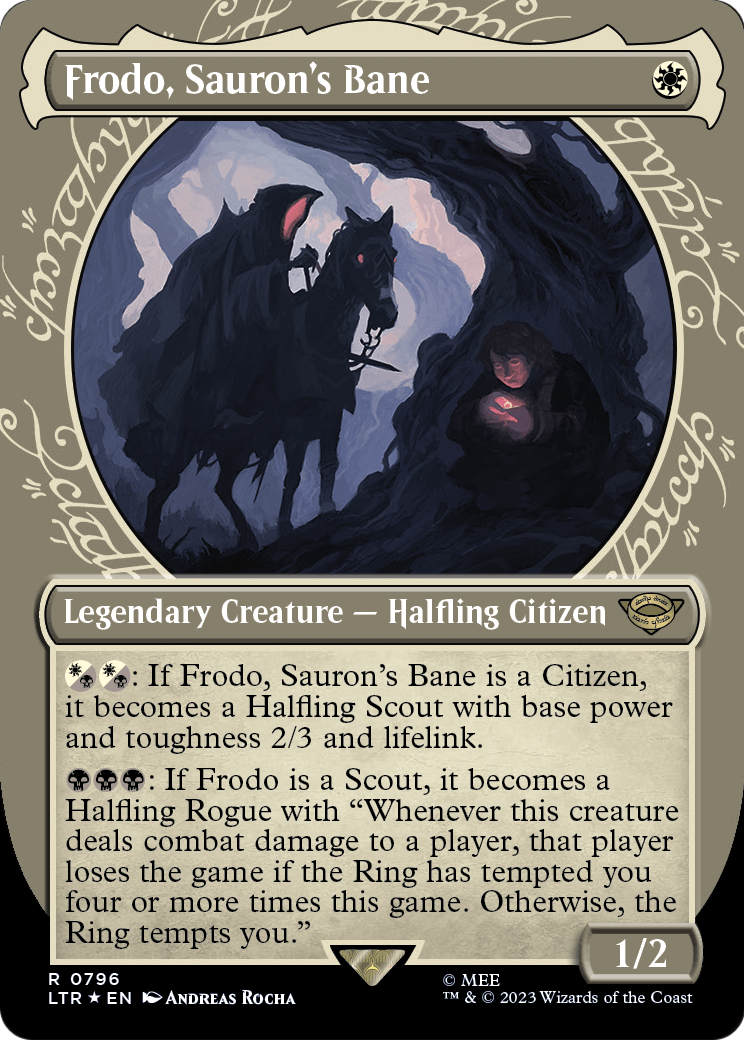 Frodo, Sauron's Bane (Showcase) (Surge Foil) (LTR-796) - The Lord of the Rings: Tales of Middle-earth: (Showcase) (Borderless) Foil