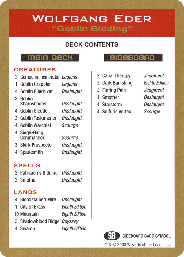 2003 Wolfgang Eder Decklist Card (WCD-) - World Championship Decks 2003