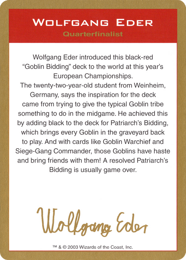 2003 Wolfgang Eder Biography Card (WCD-) - World Championship Decks 2003