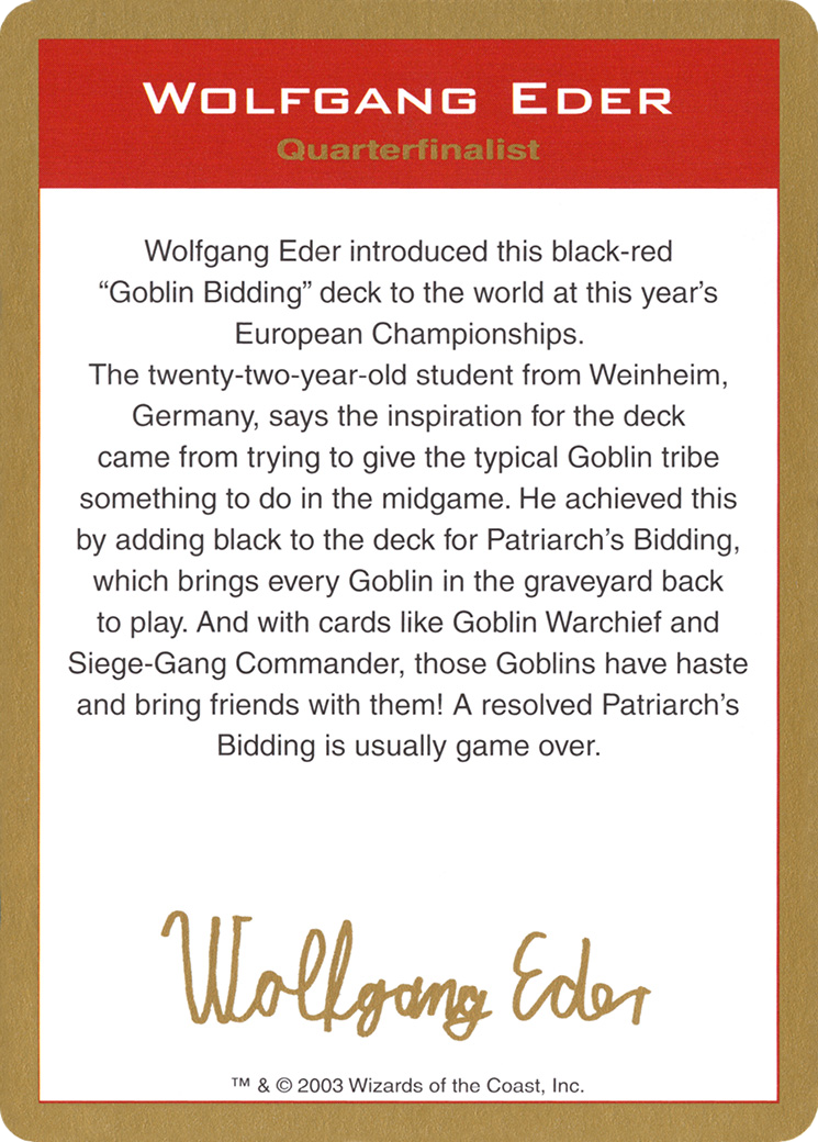 2003 Wolfgang Eder Biography Card (WCD-) - World Championship Decks 2003