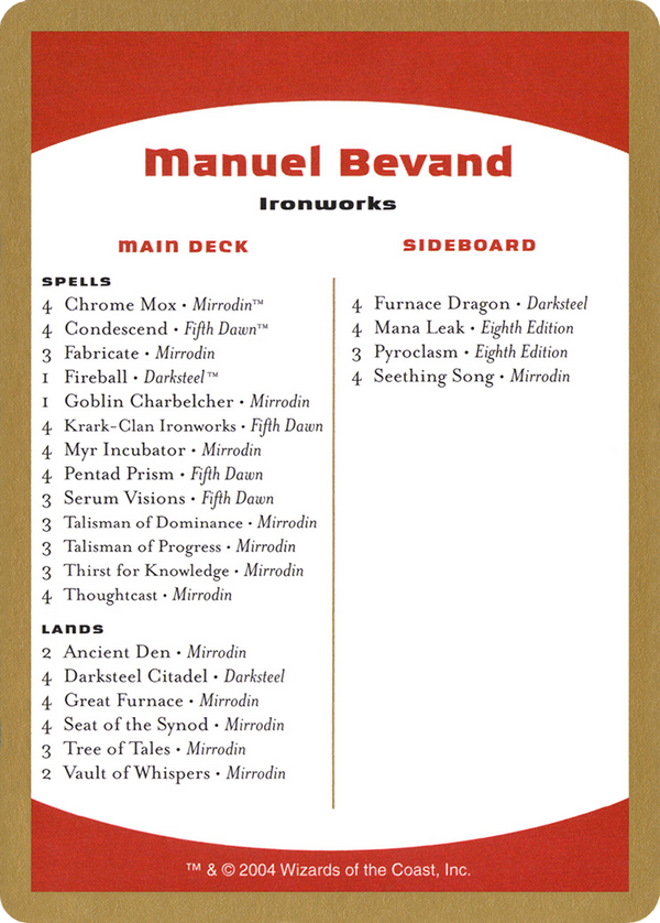 2004 Manuel Bevand Decklist Card (WCD-) - World Championship Decks 2004