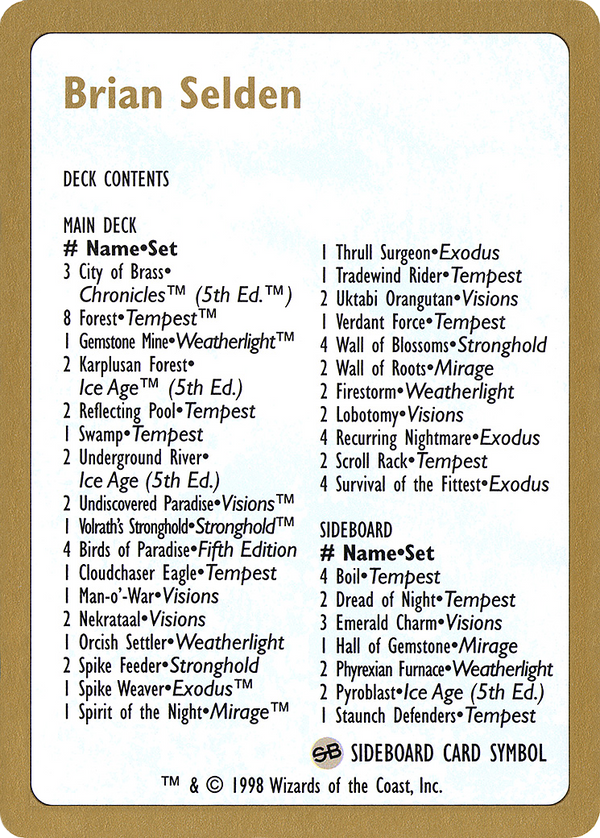 1998 Brian Selden Decklist Card (WCD-) - World Championship Decks 1998